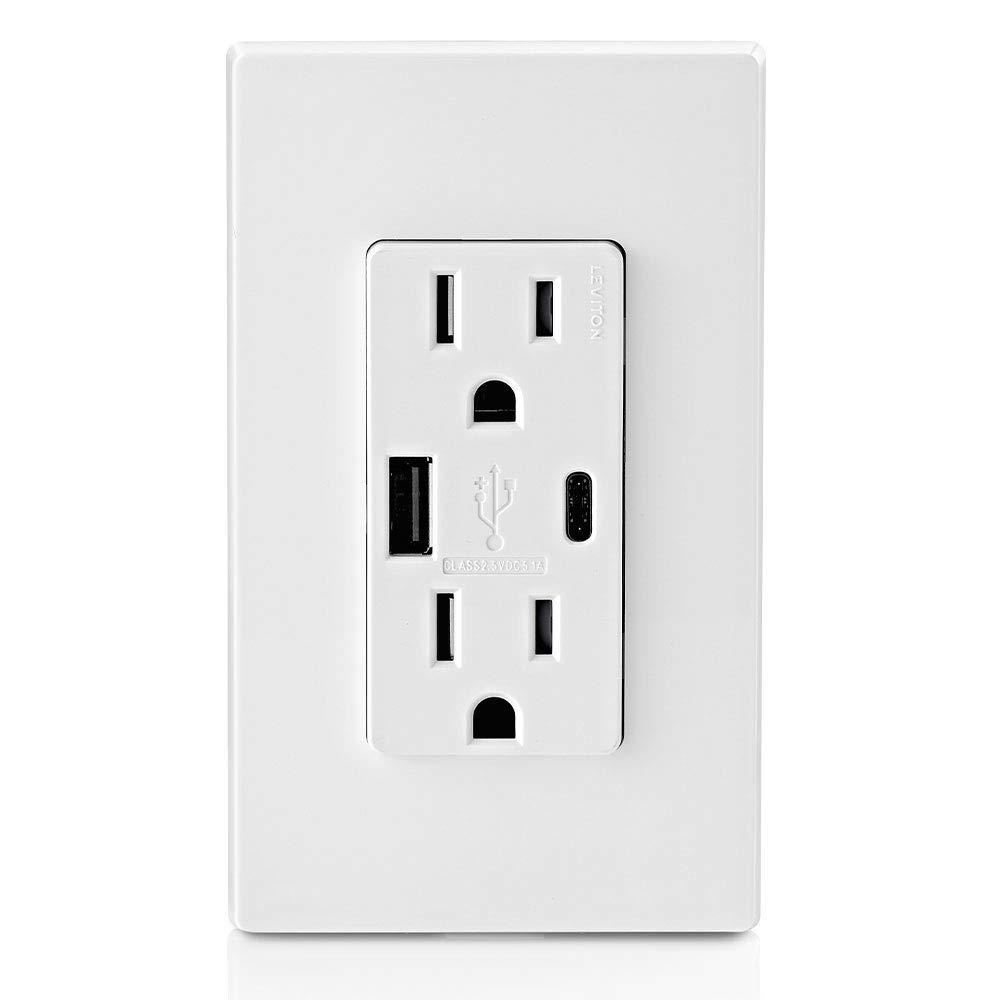 White Tamper Resistant Duplex Outlet with USB Type A and C Ports