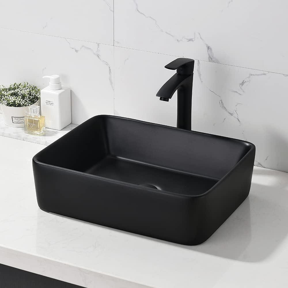 Matte Black Ceramic Rectangular Vessel Sink with Faucet Combo