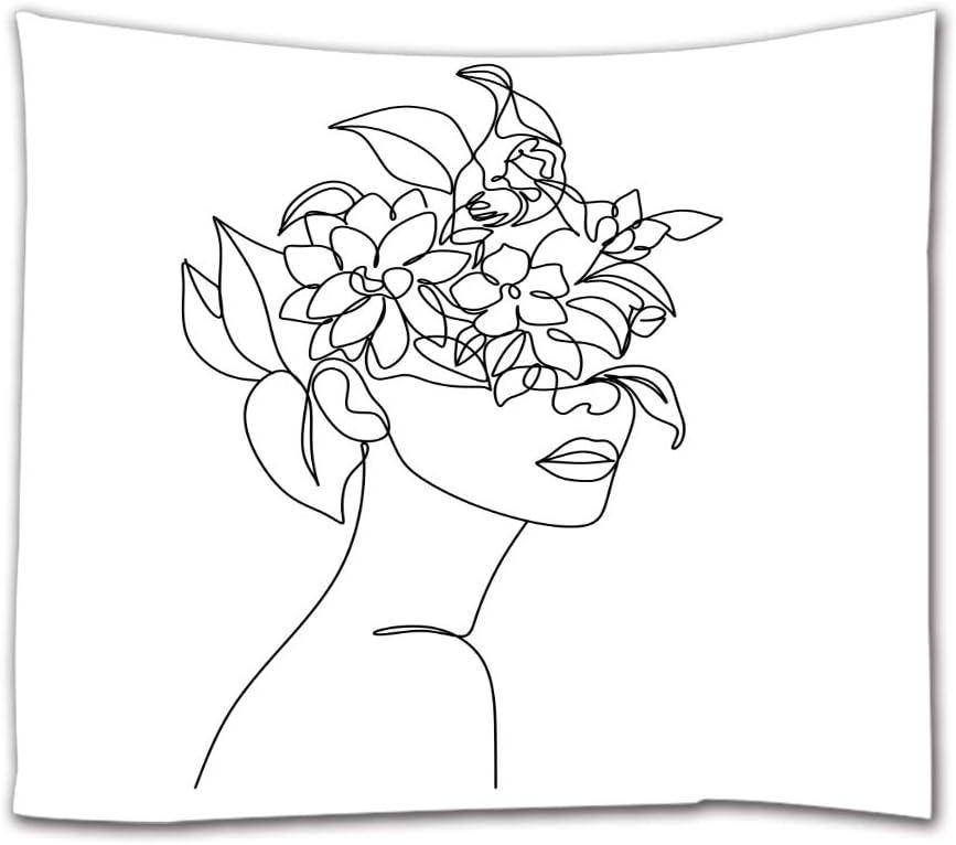 Black and White Abstract Woman Face Tapestry with Flowers, 51x60 Inches