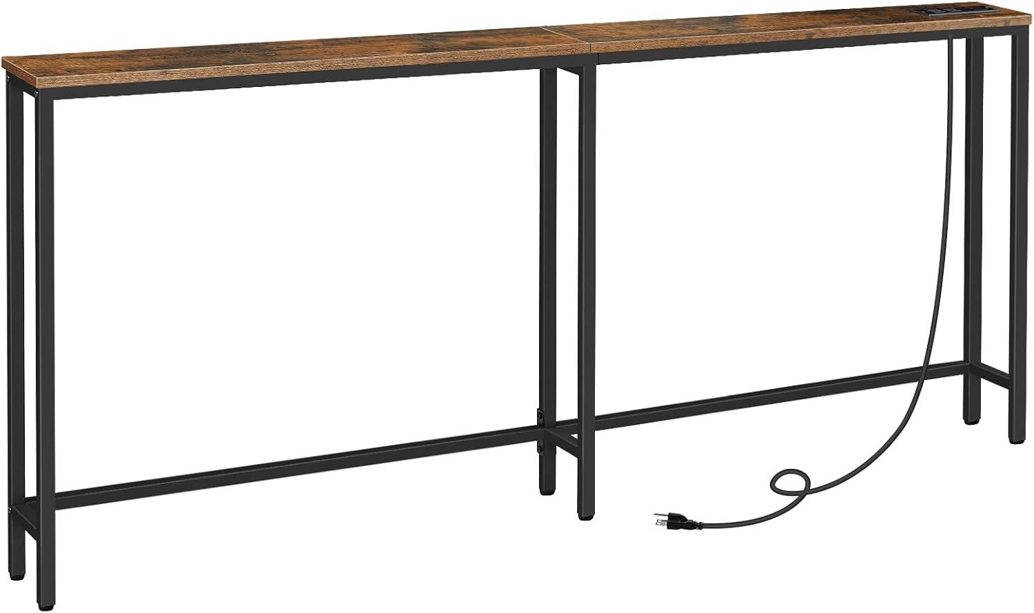 Rustic Brown Wood and Metal Slim Console Table with Charging Station