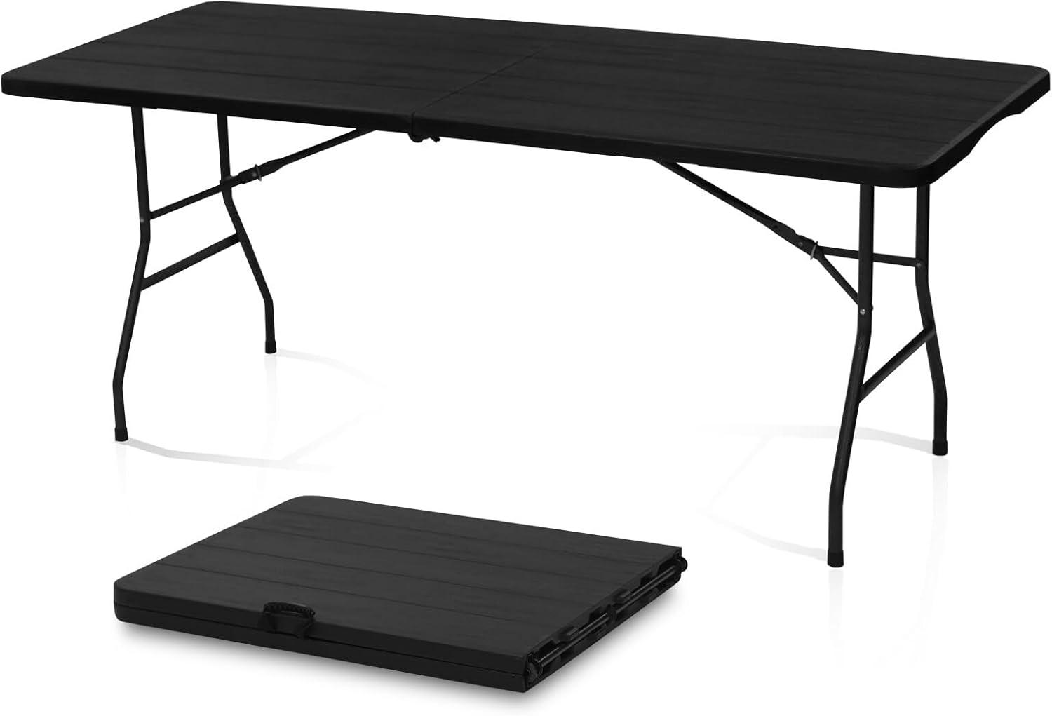 6ft Folding Table, Portable Plastic Table for Camping, Picnics, Parties, High Load Bearing Foldable Table Black