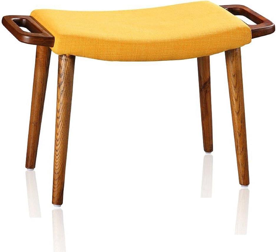 Manhattan Comfort Geta Ottoman Yellow: Upholstered Linen Footstool, Padded Seat, Ash Wood Legs