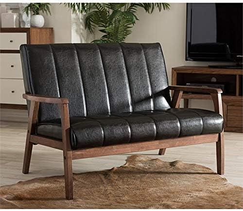 Nikko Mid-Century Modern Scandinavian Style Faux Leather Wooden 2 Seater Loveseat Dark Brown - Baxton Studio: Compact, Rubberwood Frame, Easy to Clean