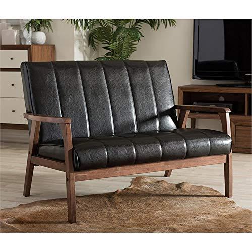 Nikko Mid-Century Modern Scandinavian Style Faux Leather Wooden 2 Seater Loveseat Black - Baxton Studio: Rubberwood Frame