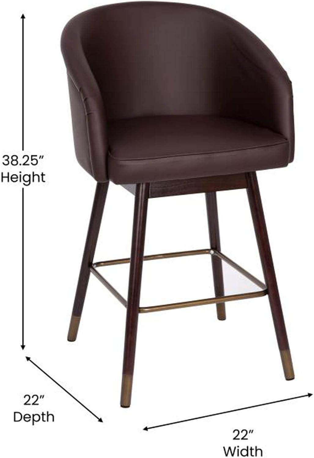 Walnut Finish Mid-Back Barstool with Brown LeatherSoft and Bronze Accents