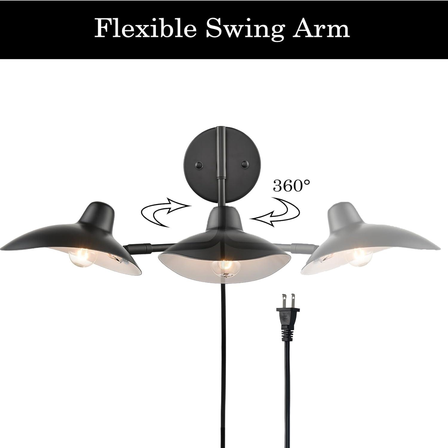 Plug in Wall Sconces Set of Two Black Swing Arm Wall Lamp with Plug-in Cord Adjustable Wall Light for Bedroom Living Room Study Room Home Office