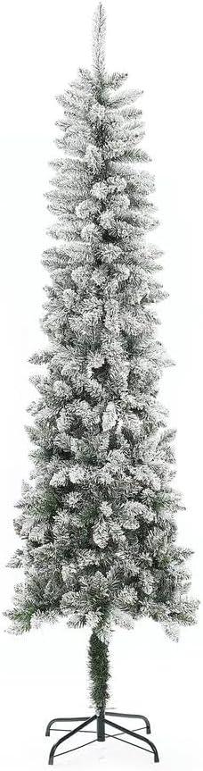 LuxenHome 7.4Ft Pencil Artificial Flocked Christmas Tree, Unlit Skinny Christmas Tree with X-Shape Metal Stand Green