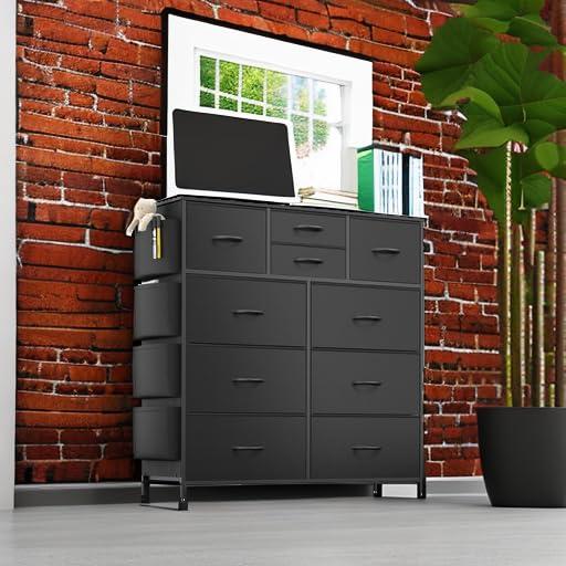 Modern 10-Drawer Fabric Storage Dresser - Tall Chest of Drawers with Steel Frame, Wooden Top, for Bedroom, Closet, Entryway, Black