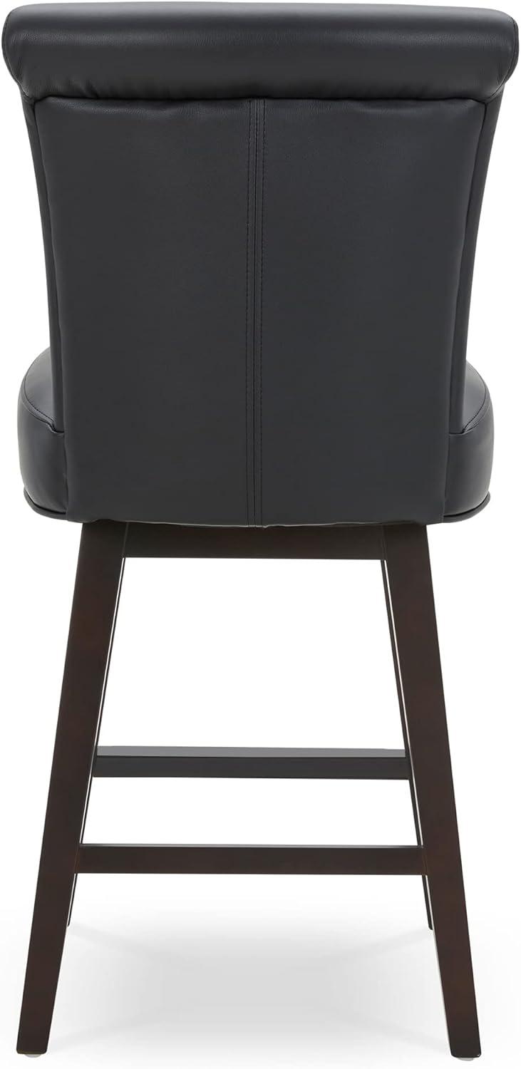 CHITA 26 in Upholstered Swivel Counter Bar Stools with Back&Wood Legs Set of 2, Faux Leather in Black