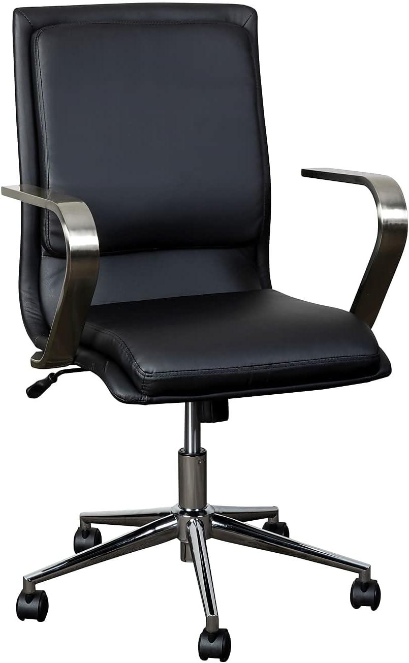 Modern Swivel Mid-Back Executive Chair in Brushed Chrome and Black Leather