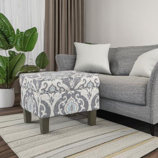 Medium Storage Ottoman Gray/Blue - HomePop: Upholstered Rectangular Footstool with Damask Pattern, Plywood & Hardwood Frame