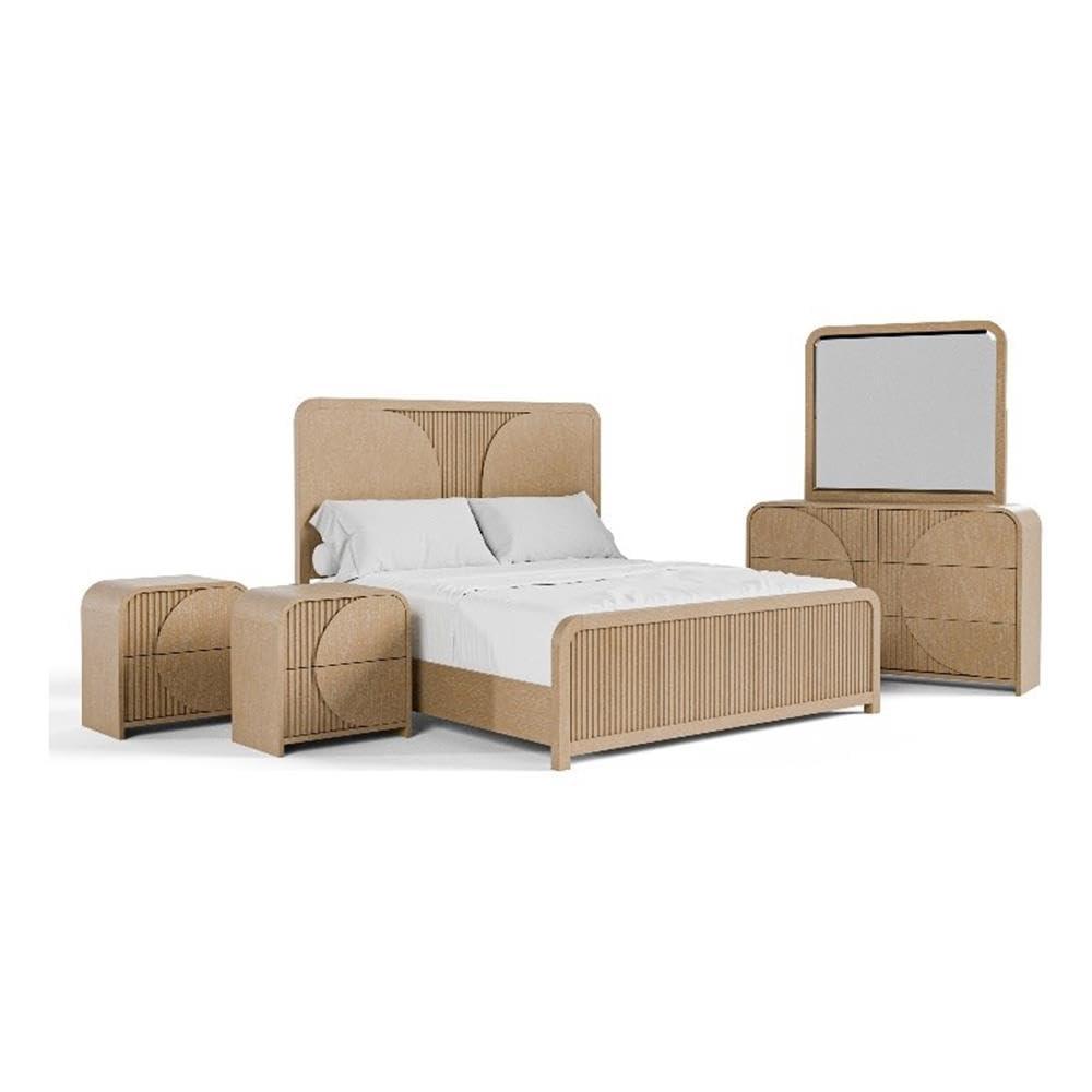 Furniture of America Tissen Modern Solid Wood 5-Piece Queen Bedroom Set with USB Ports, Reeded Panels, Curved Edges and Beveled Mirror, Box Spring Needed, Natural