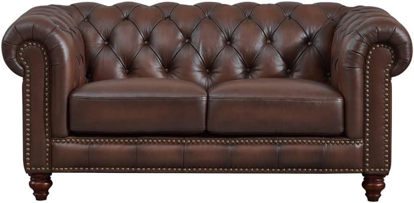 Caramel Brown Tufted Leather Chesterfield Loveseat with Nailhead Trim