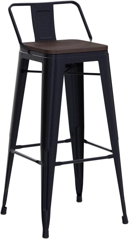 Matte Black Industrial Metal Bar Stools with Wood Seat, Set of 4