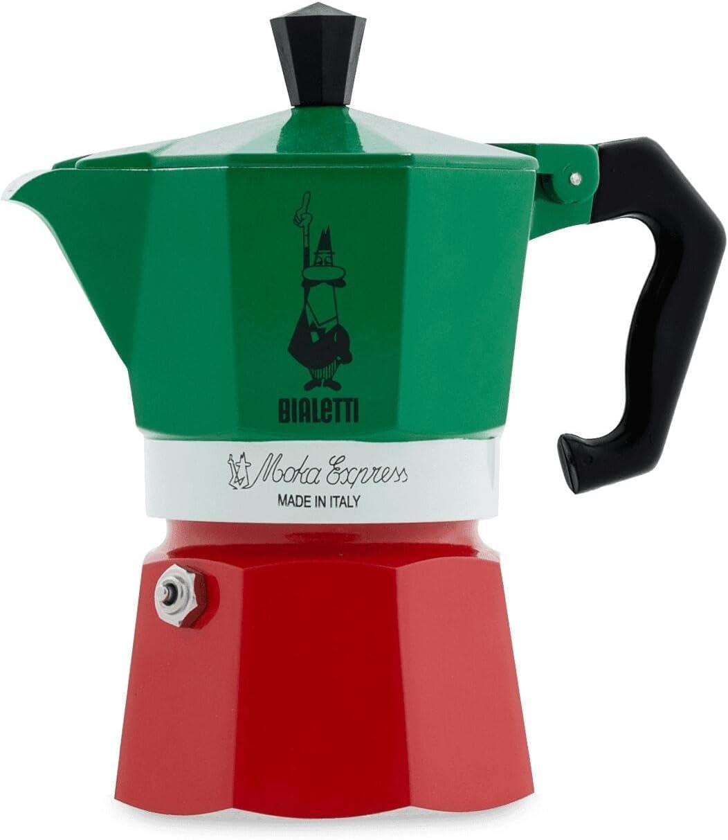 Tricolor Aluminum 3-Cup Stovetop Espresso Maker in Green, Red, and Silver