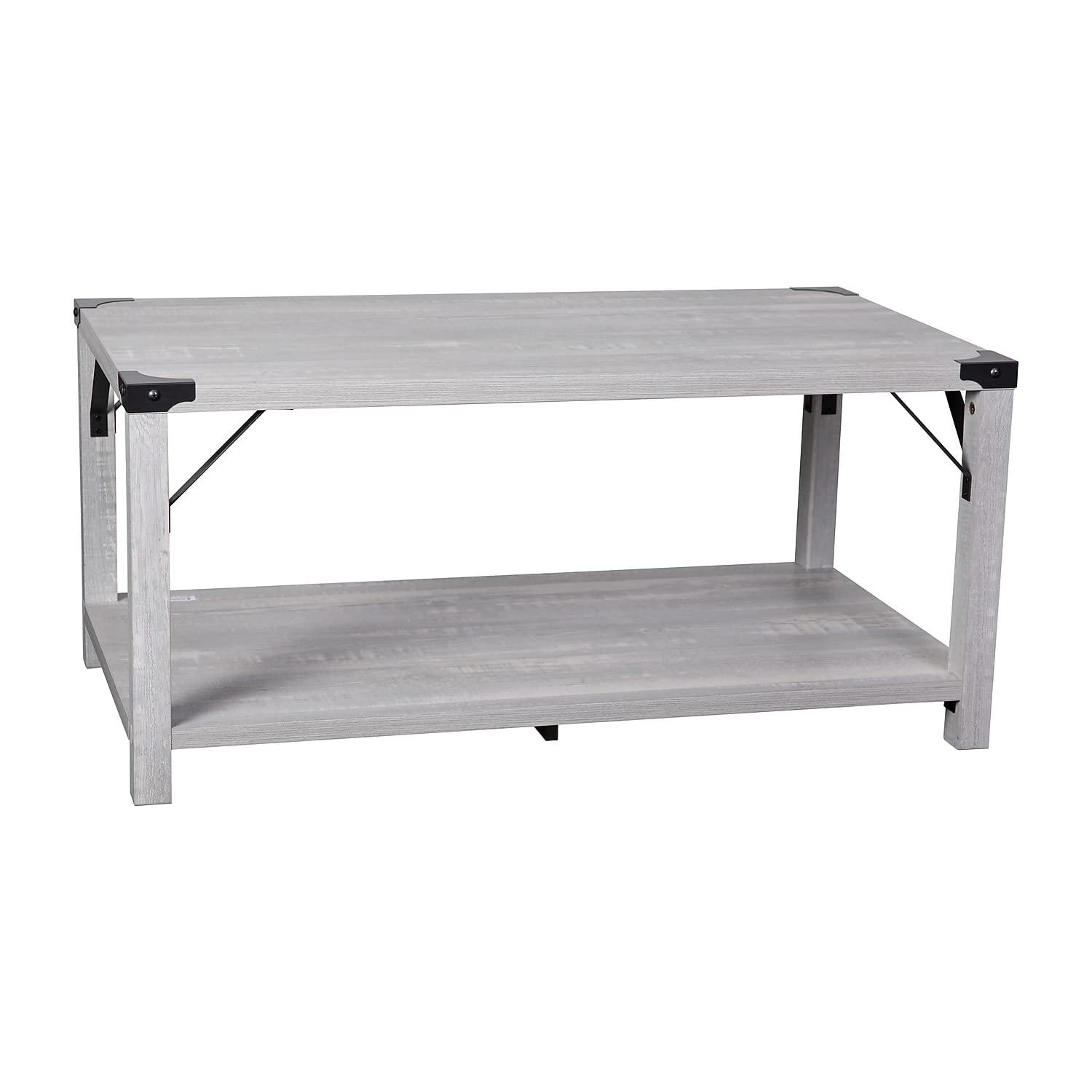 Flash Furniture Wyatt Modern Farmhouse Wooden 2 Tier Coffee Table with Black Metal Corner Accents and Cross Bracing, Aspen Gray