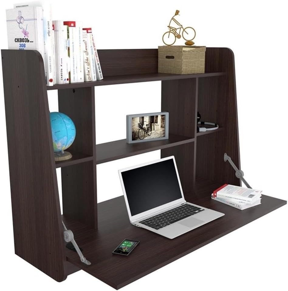 Inval Wall Mounted Floating Wall Desk with Storage Shelves, Espresso