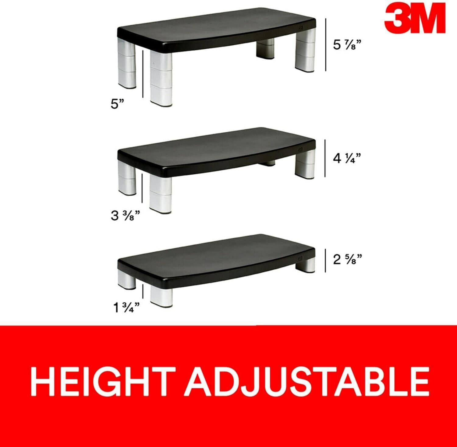 3M Extra Wide Adjustable Monitor Stand, Three Leg Segments Simply Adjust Height from 1" to 5 7/8", Sturdy Platform Holds Up to 40 lbs, 16-inch Space Between Columns for Storage, Silver/Black (MS90B)