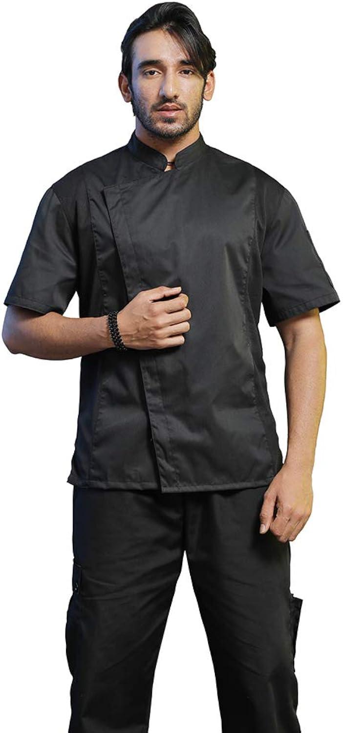 Unisex Black Short Sleeve Chef Coat with Mandarin Collar