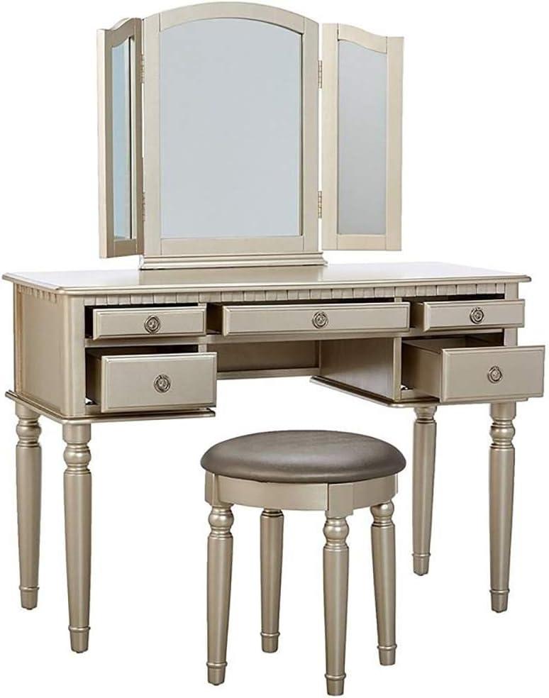 Saltoro Sherpi 3 Piece Adult Elegant Functional 5 Drawers and Stool Table Set Silver