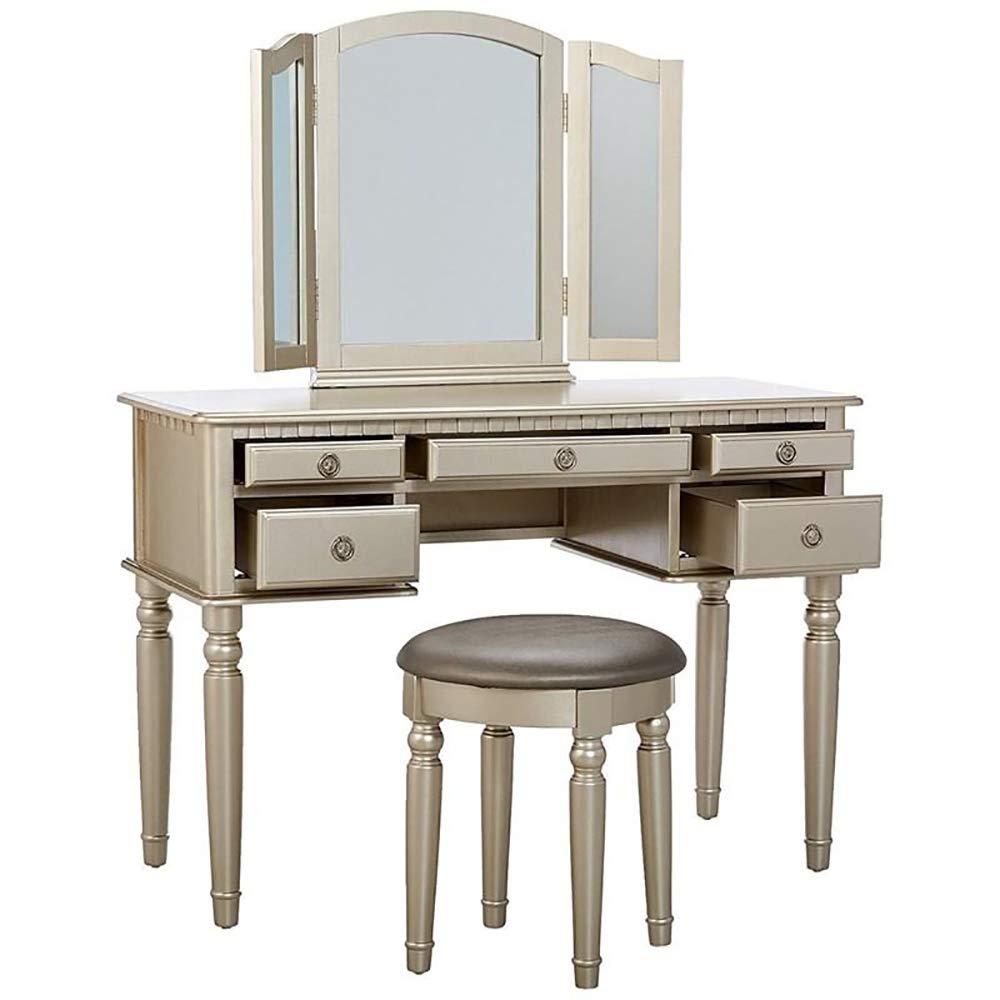 Saltoro Sherpi 3 Piece Adult Elegant Functional 5 Drawers and Stool Table Set Silver