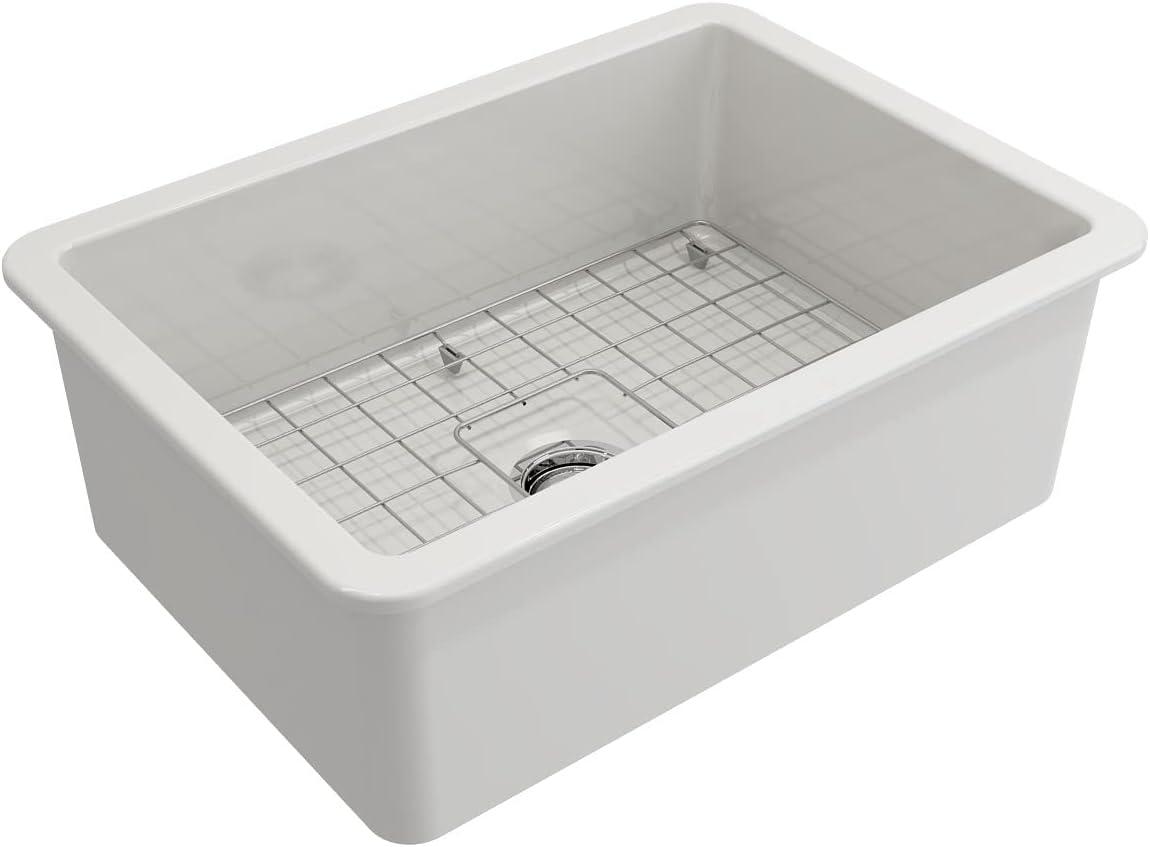 Glossy White Fireclay Farmhouse Drop-In Single Bowl Sink Kit