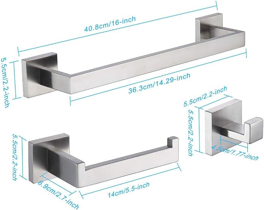 TASTOS 3-Piece Bathroom Hardware Set Brushed Nickel Wall Mounted Bathroom Accessory Set, Premium Stainless Steel Robe Hook Toilet Paper Holder 16-Inch Towel Bar (Silver)