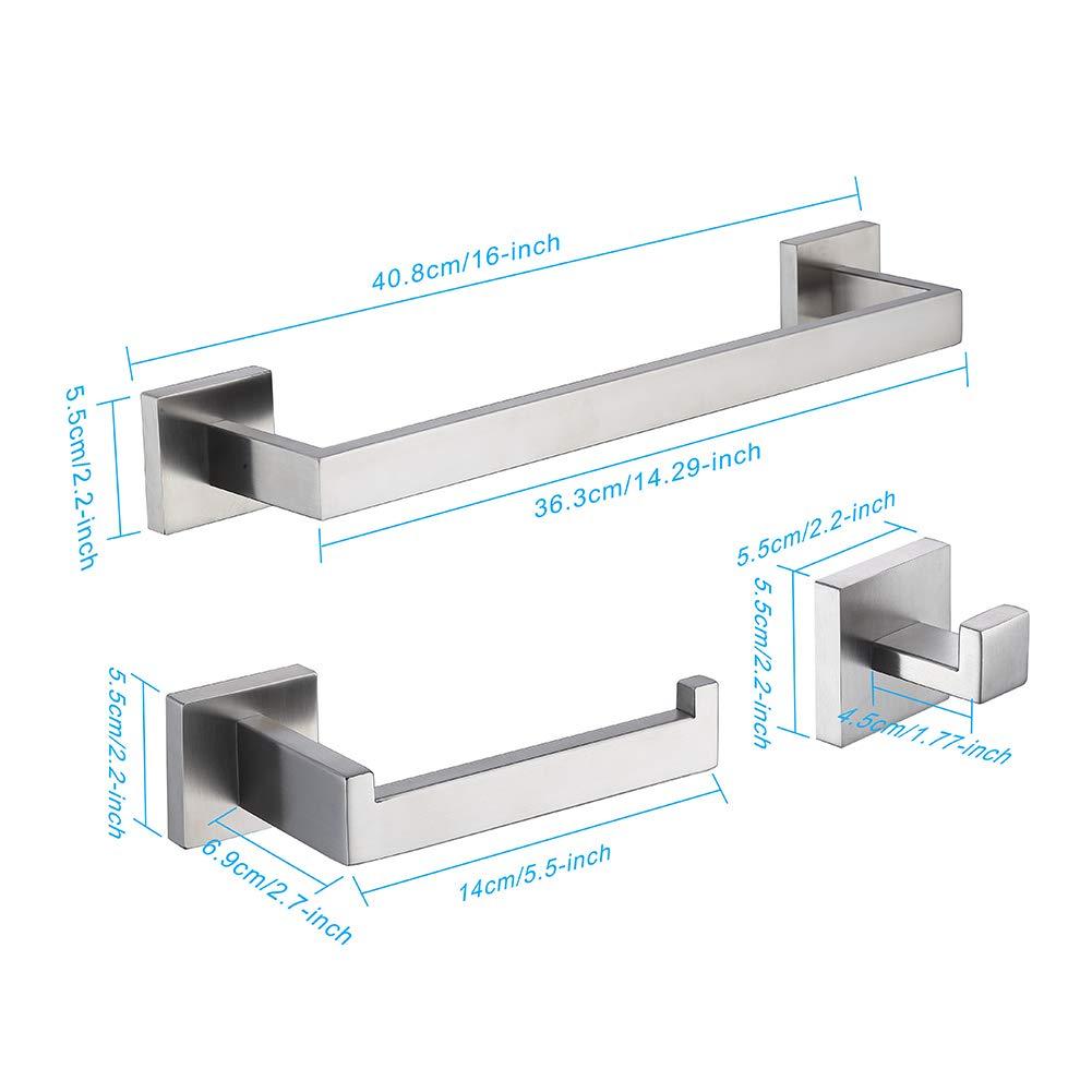 TASTOS 3-Piece Bathroom Hardware Set Brushed Nickel Wall Mounted Bathroom Accessory Set, Premium Stainless Steel Robe Hook Toilet Paper Holder 16-Inch Towel Bar (Silver)