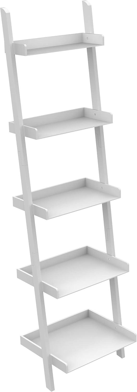 Ballucci 5-Tier Ladder Shelf, Wood Leaning Bookshelf, Modern Bookcase, 67" H x 18" W, White