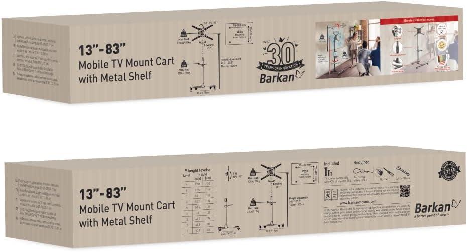 Barkan 13" - 83" Mobile TV Mount Cart with Metal Shelf, Tilt & Height Adjustment