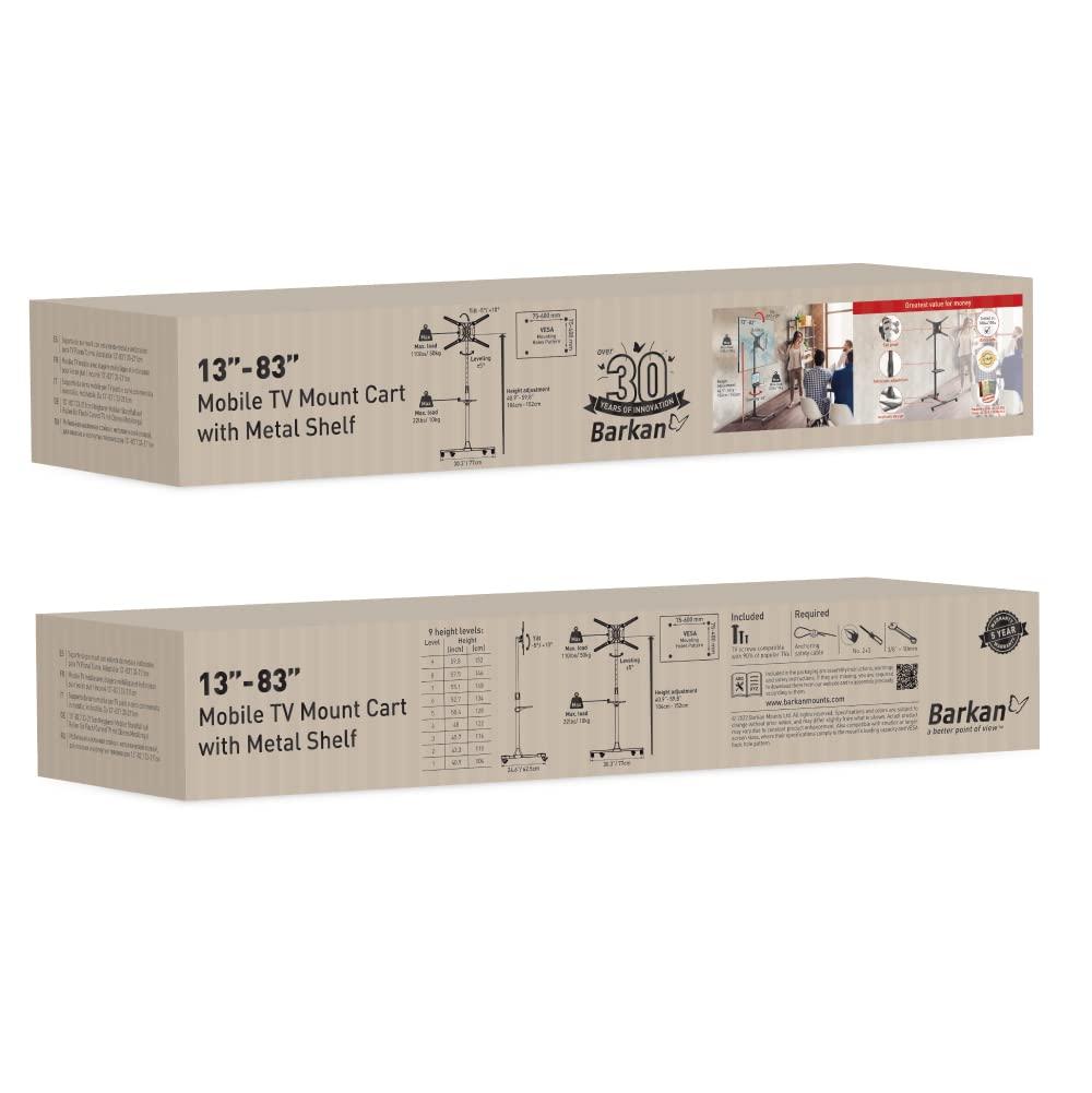 Barkan 13" - 83" Mobile TV Mount Cart with Metal Shelf, Tilt & Height Adjustment