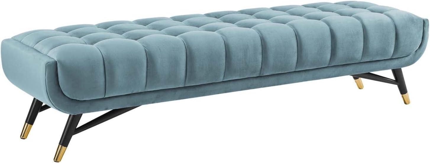 Sea Blue Tufted Velvet Bench with Gold Accents