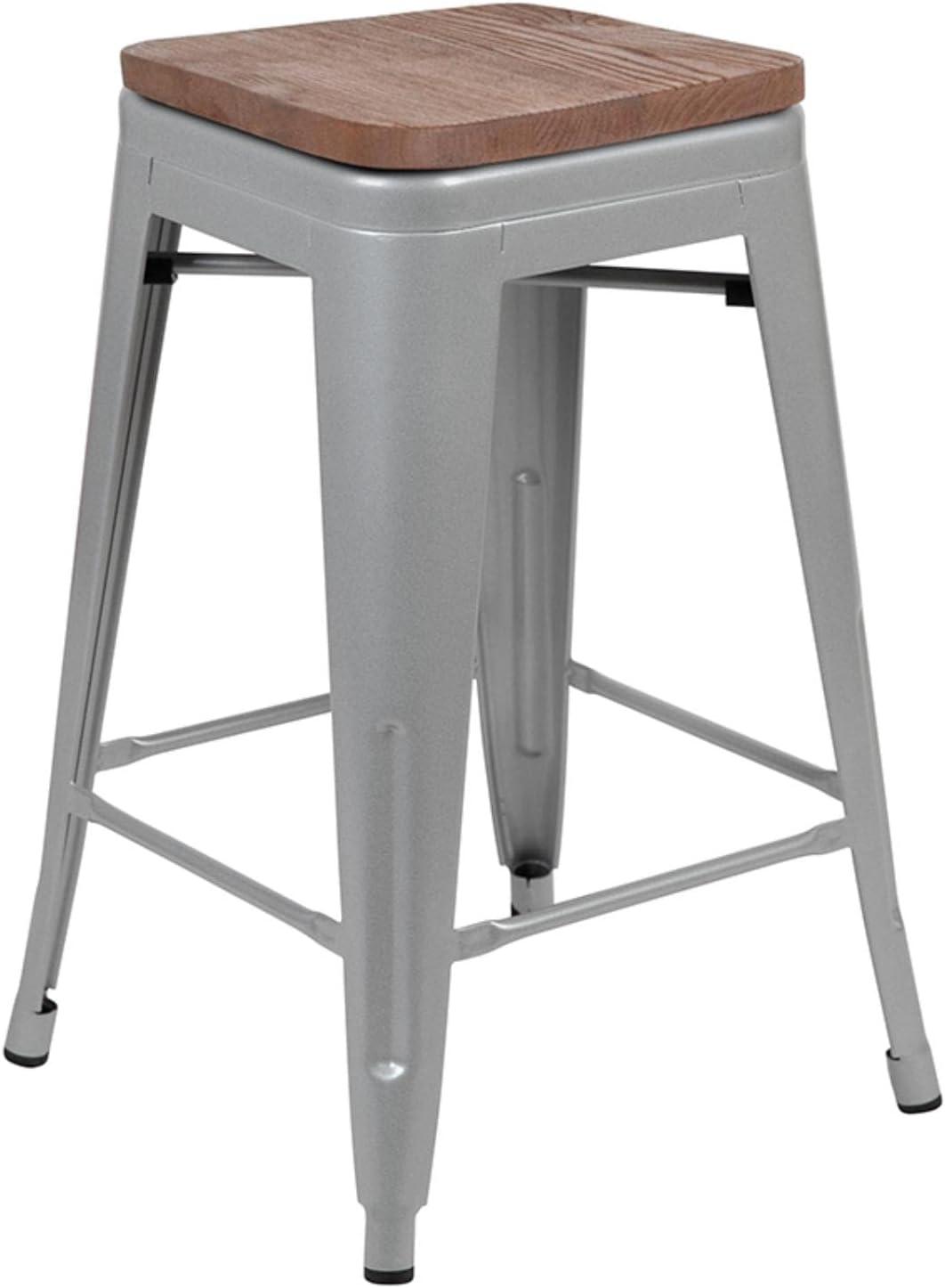 Flash Furniture 24" High Metal Counter-Height, Indoor Bar Stool with Wood Seat in Silver - Stackable Set of 4
