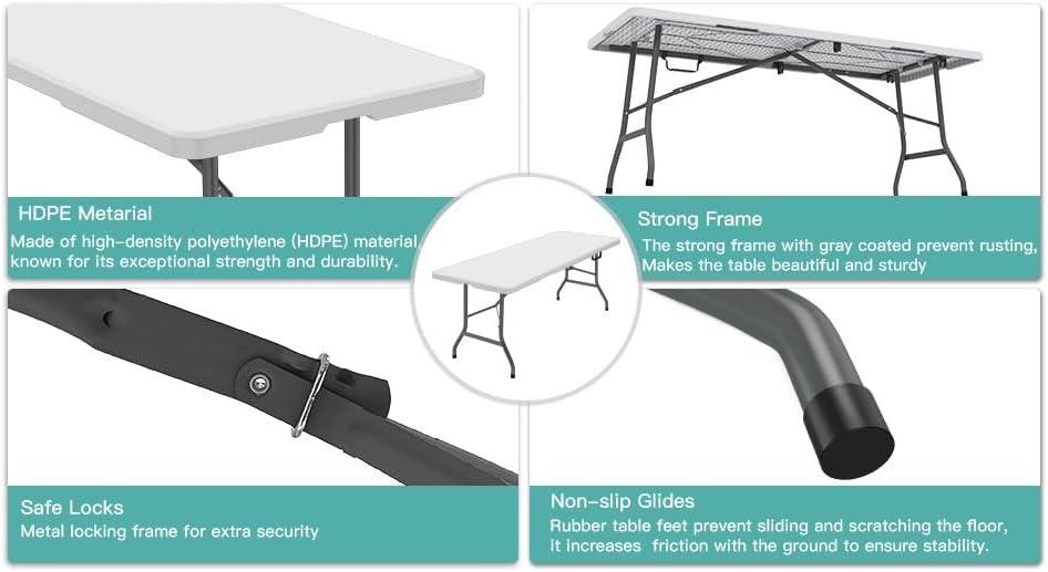 6 Foot Folding Table,White Plastic Folding Table,Built-in Handle,White