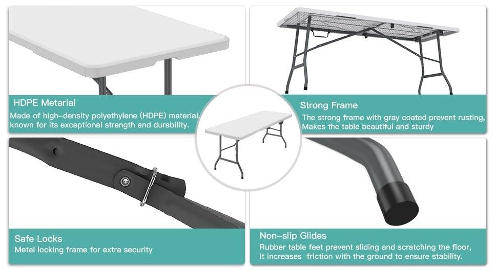 6 Foot Folding Table,White Plastic Folding Table,Built-in Handle,White