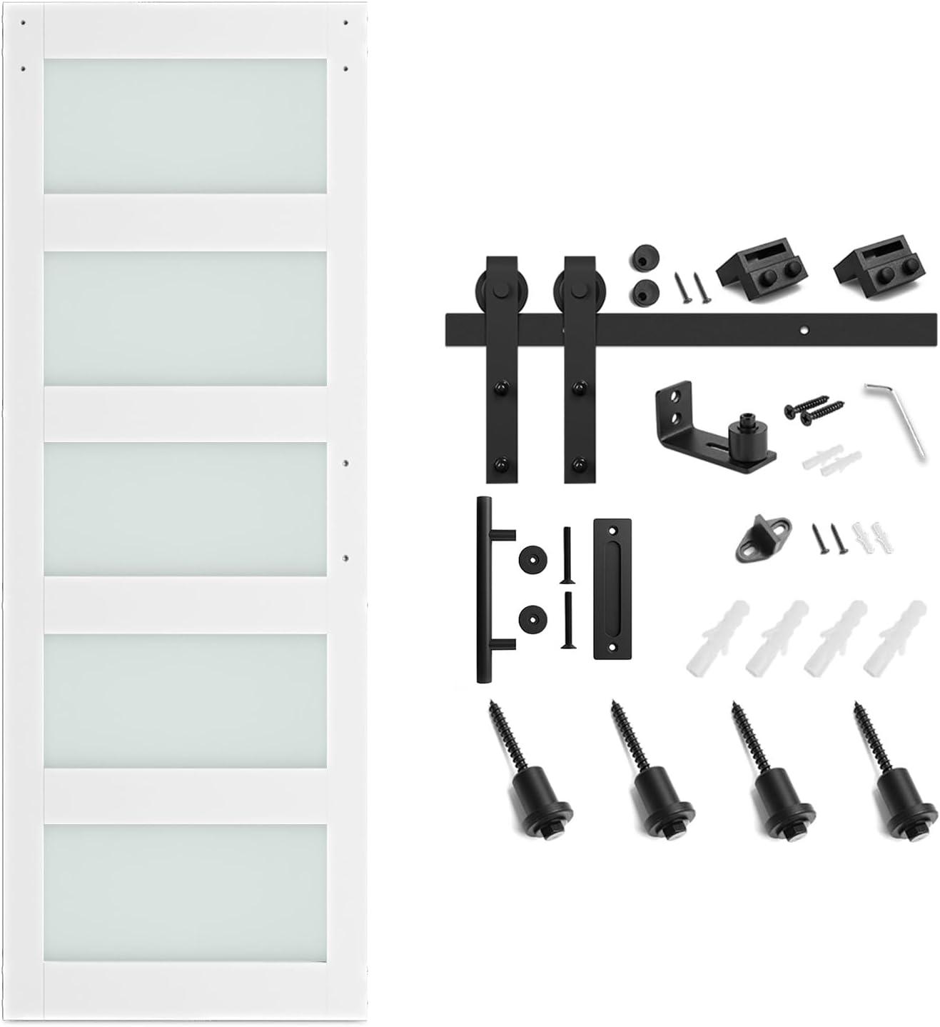 White 30x84 Frosted Glass 5-Panel Sliding Barn Door with Hardware Kit