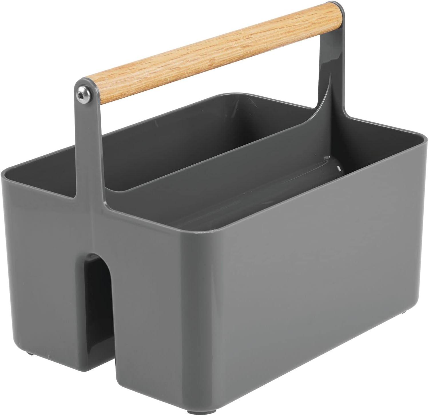 mDesign Plastic Portable Shower Caddy Divided Basket Bin Storage Organizer with Bamboo Handle for Bathroom, Dorm, Shelf & Cabinet Holds Shampoo, Conditioner - Aura Collection, Charcoal Gray/Natural