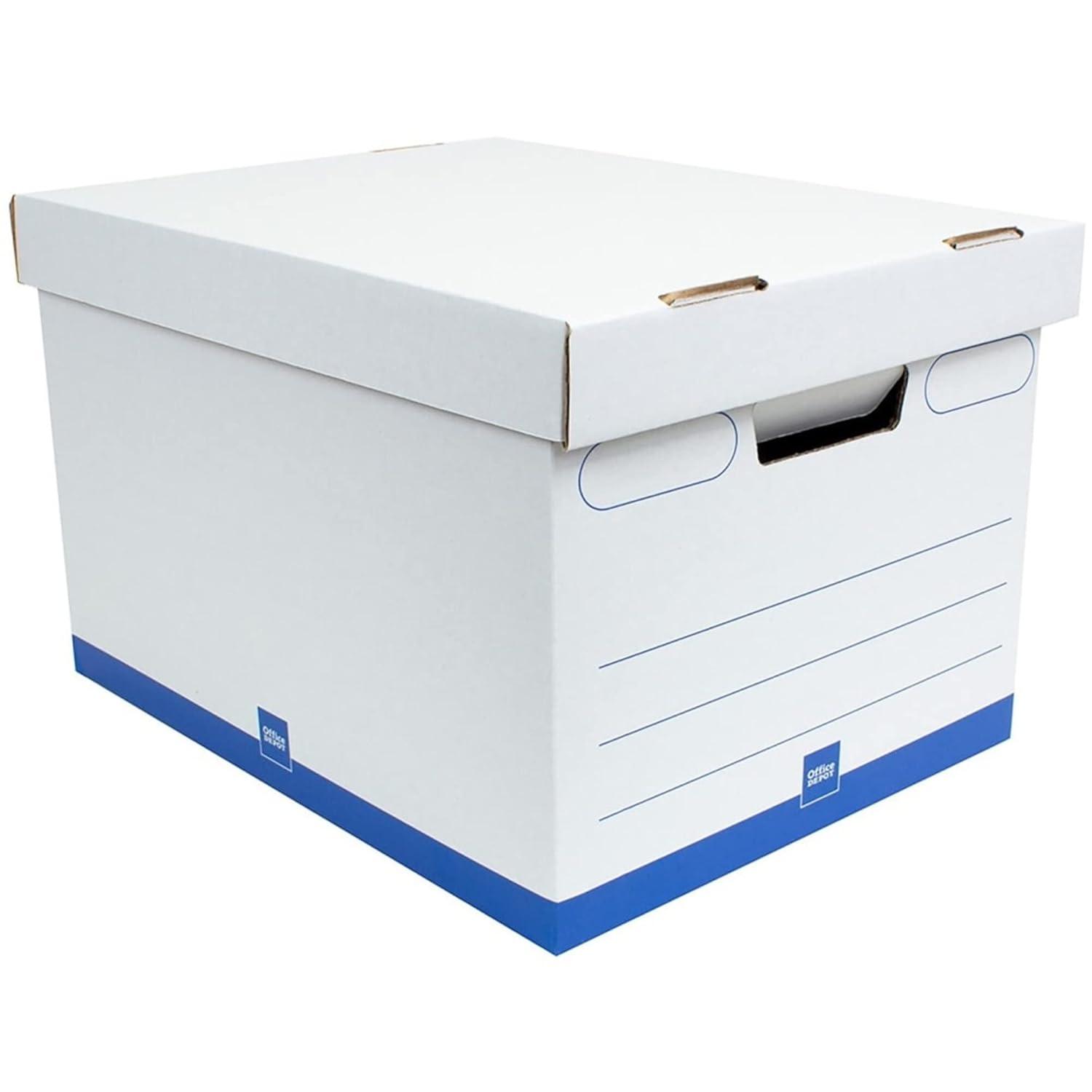 Office Depot® Brand Medium Quick Set Up Corrugated Medium-Duty Storage Boxes With Lift-Off Lids And Built-In Handles, Letter/Legal Size, 15" x 12" x 10", White/Blue, Pack Of 5