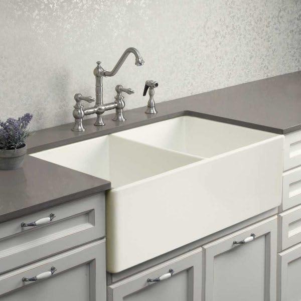 33'' White Fireclay Double Bowl Farmhouse Sink