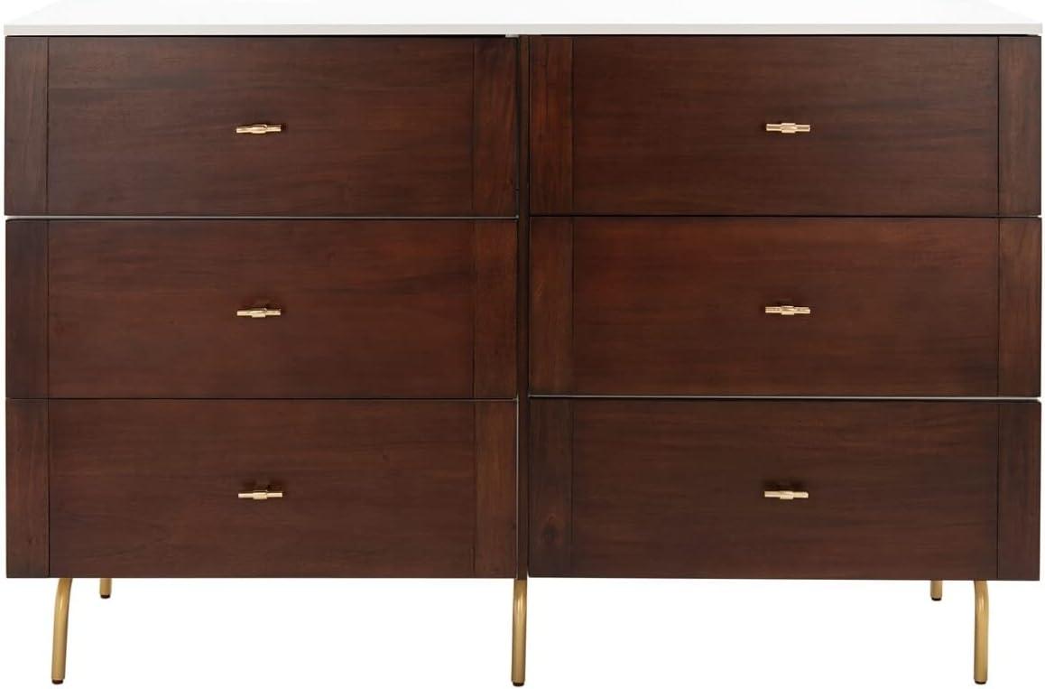 Genevieve Walnut and White 6-Drawer Dresser with Gold Accents