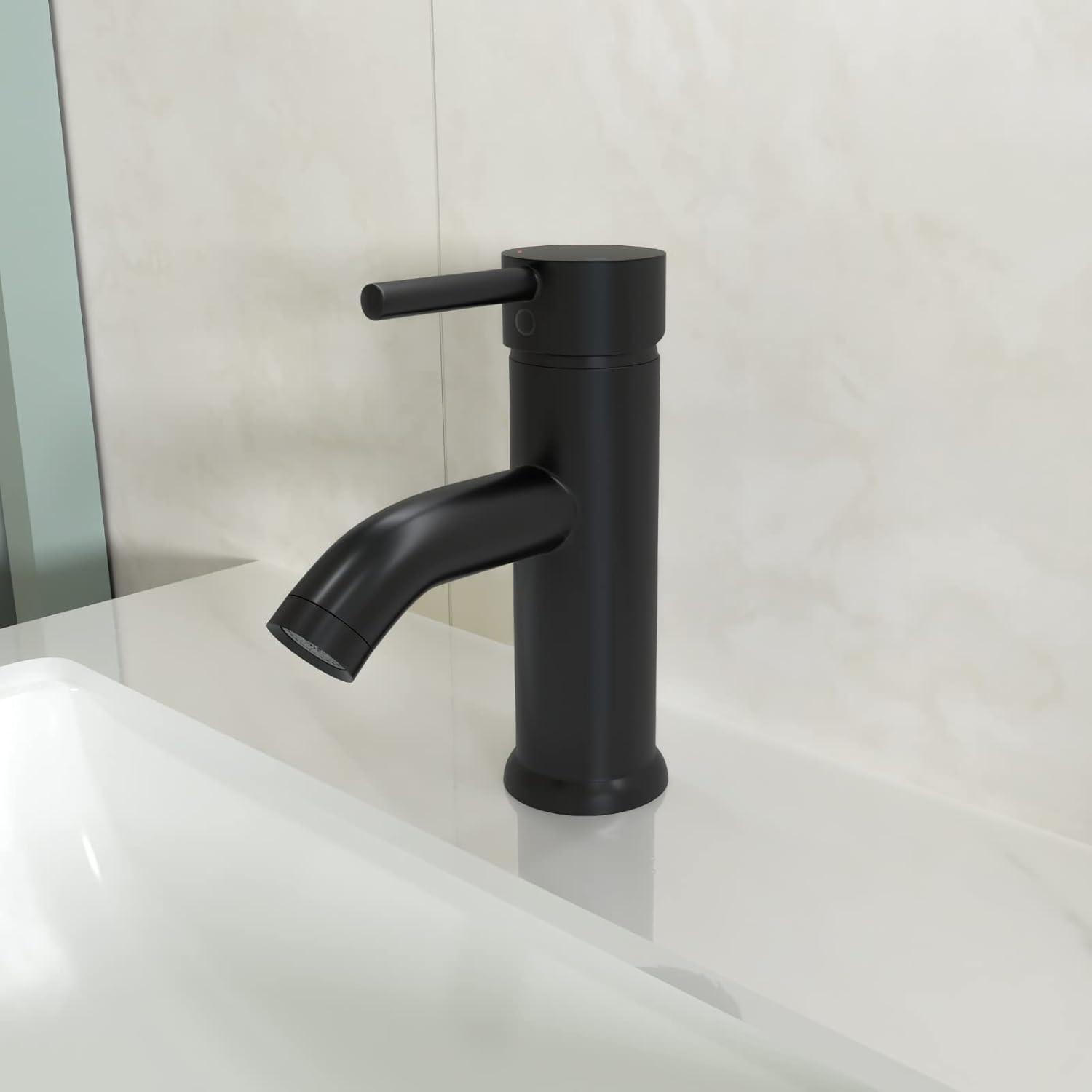 Matte Black Bathroom Faucet Black Bathroom Sink Faucet Single Handle Black Bathroom Faucet Modern Single Hole Faucet Bathroom with Pop-up Sink Drain Stopper & Deck Plate 1 or 3 Hole Bathroom Faucet