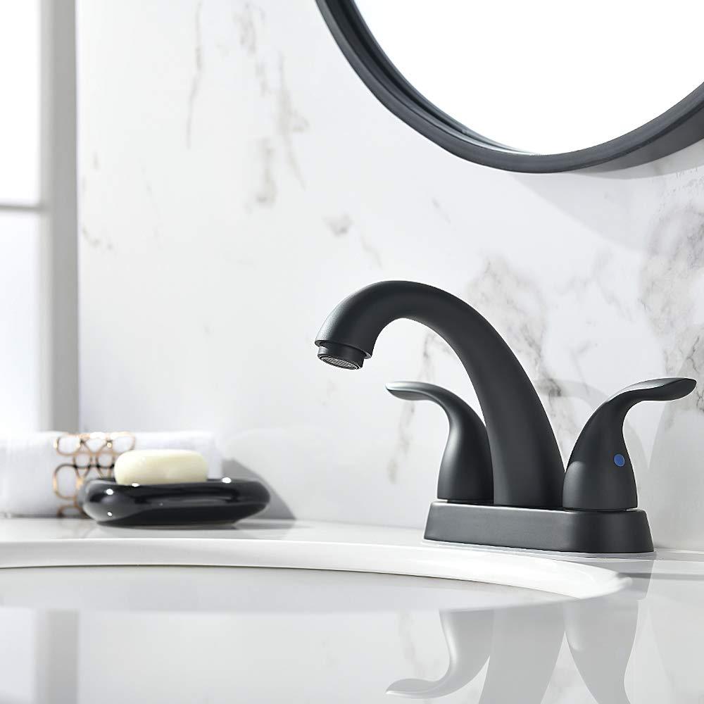 Phiestina 4 Inch 2 or 3 Holes 2 Handles Centerset Matte Black Lead-Free Bathroom Sink Faucet, Bathroom Faucet with Copper Pop Up Drain and Water Supply Lines, BF008-5-MB