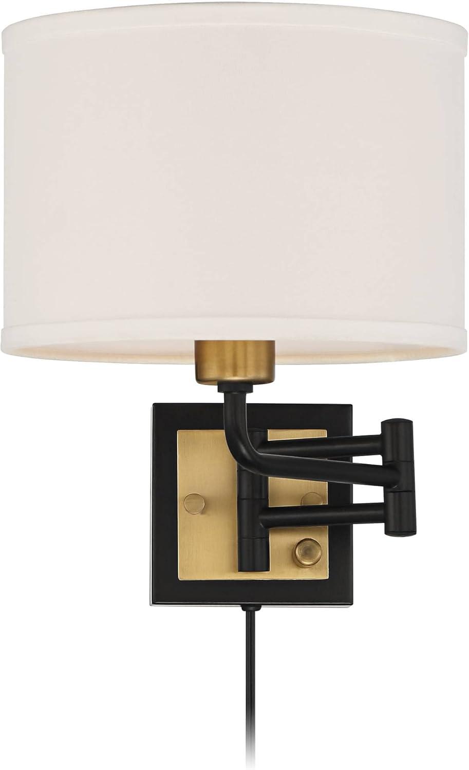 360 Lighting Joelle Modern Swing Arm Wall Lamp Brass Black Plug-in Light Fixture Fabric Drum Shade for Bedroom Bedside Living Room Reading Home House