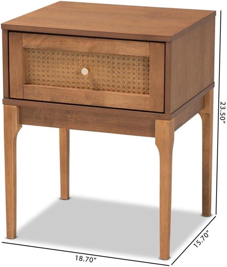 Baxton Studio Ramiel Ash Walnut Finished Wood and Rattan 1-Drawer Nightstand