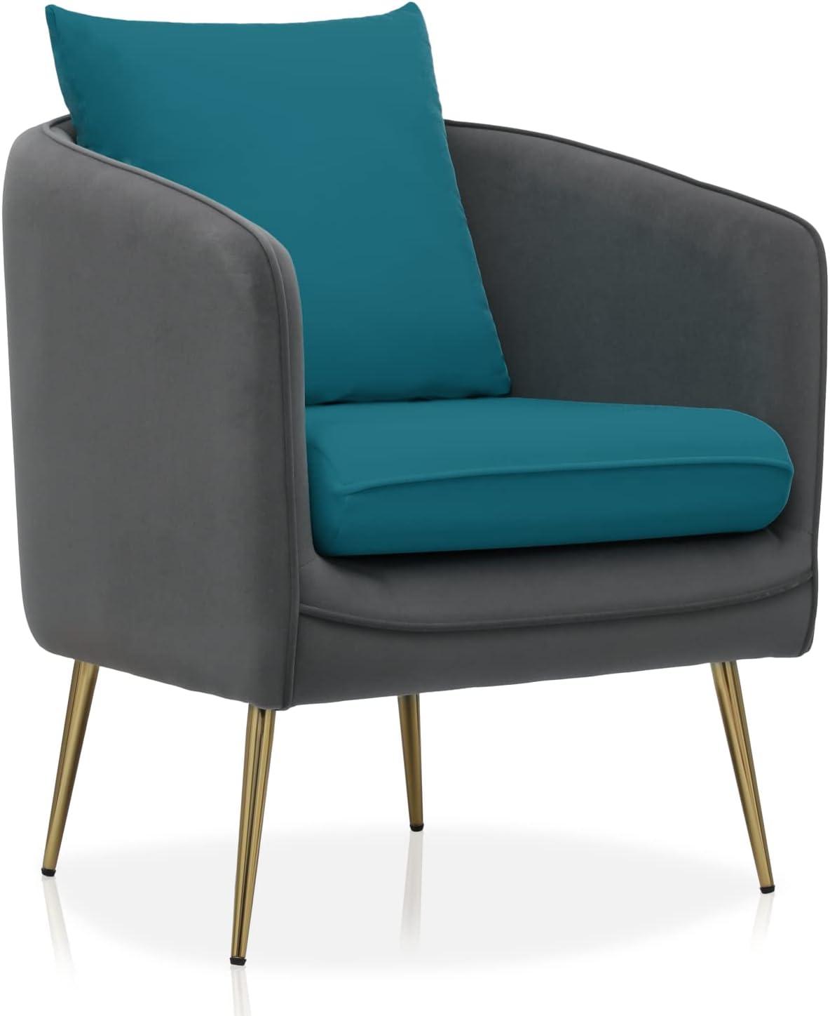 MoNiBloom Accent Barrel Chair, Modern Upholstered Club Armchair, Arm Chair for Living Room Bedroom with Cushion Pillow, Peacock Blue/Grey