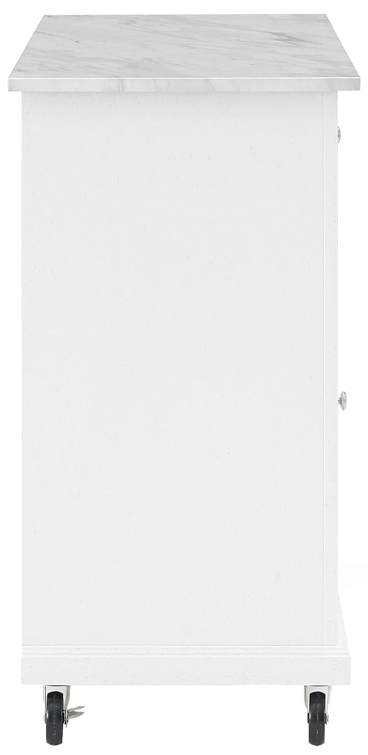 Avery Kitchen Island/Cart Distressed White/White Marble - Crosley: Adjustable Shelves, Particle Board Frame, 6 Shelves, 2 Drawers
