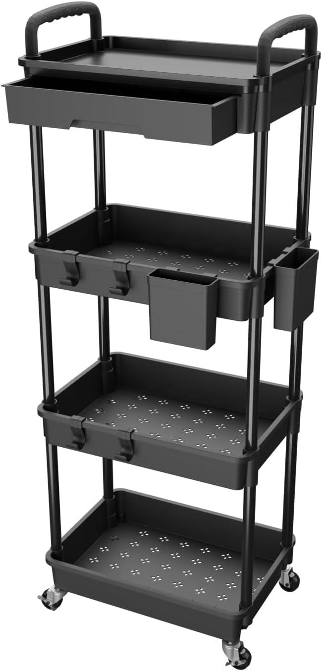 Black 4-Tier Rolling Utility Cart with Drawer