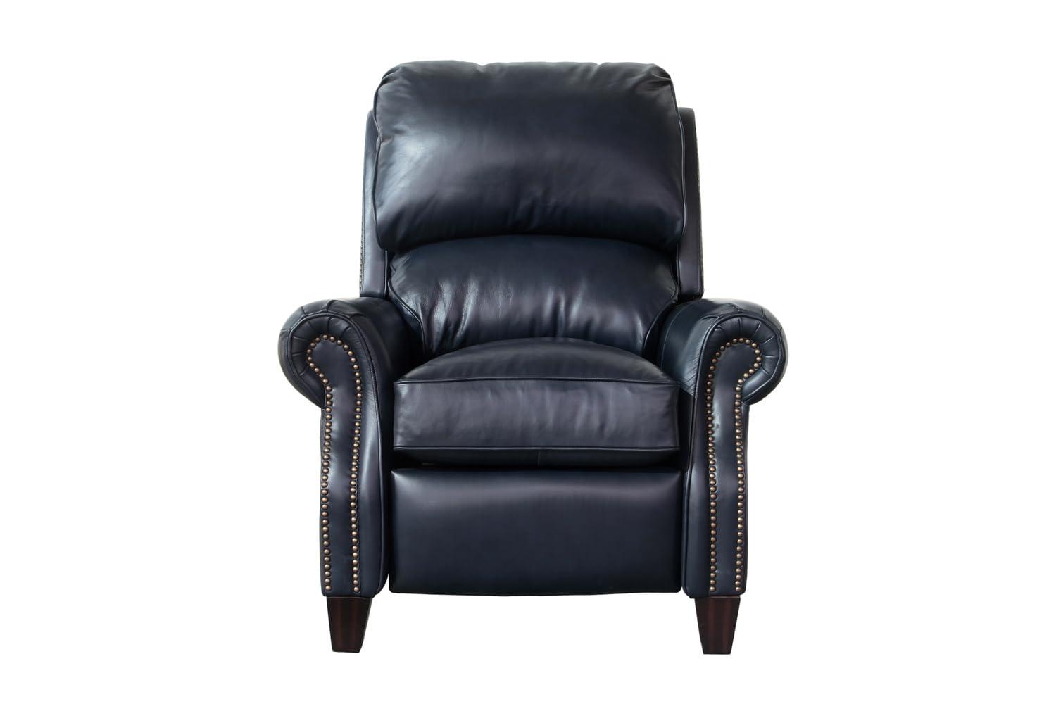 Churchill Traditional Blue Leather Recliner with Wood Accents