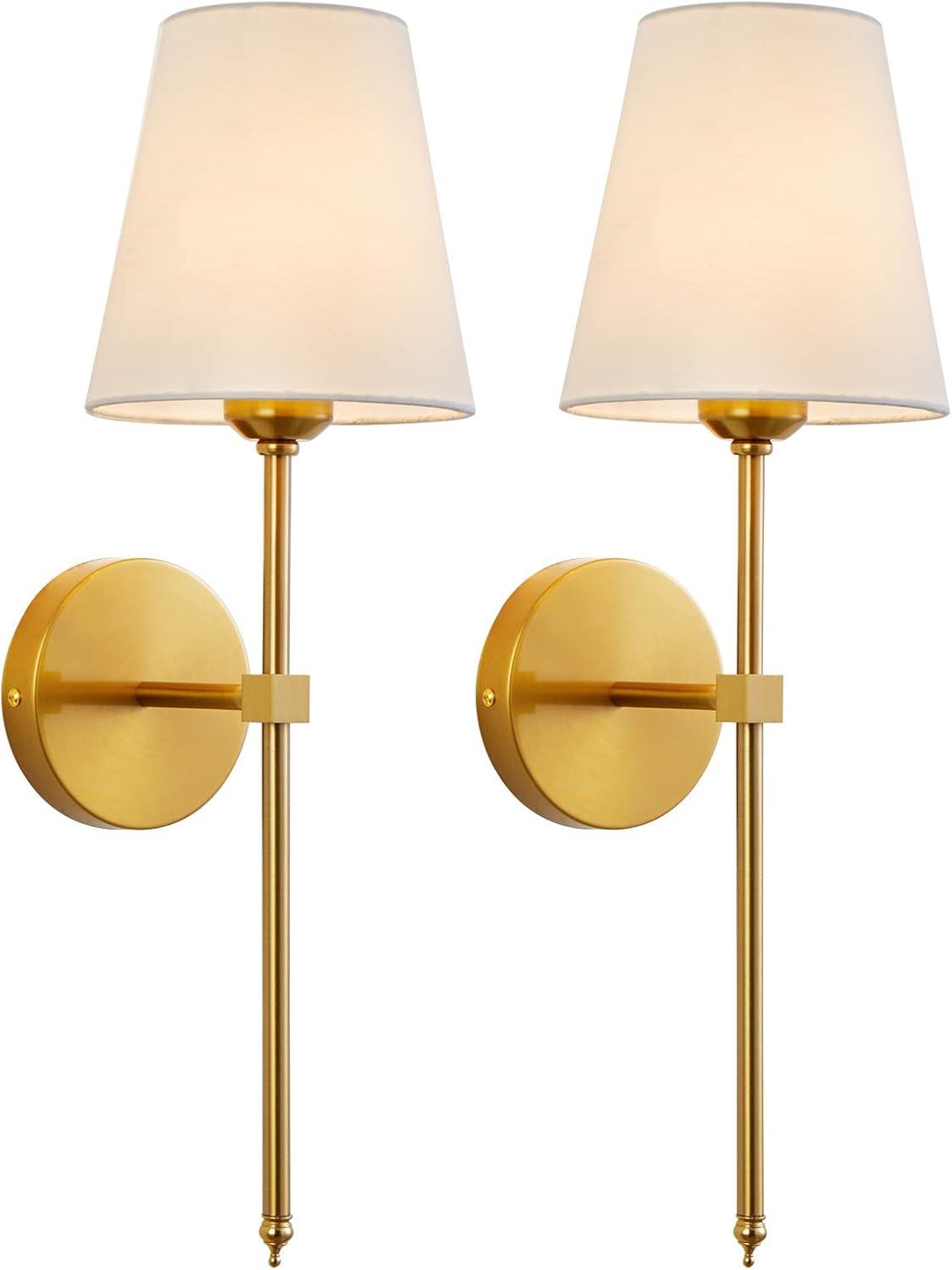 Gold and White Fabric Shade Wall Sconce Set of 2