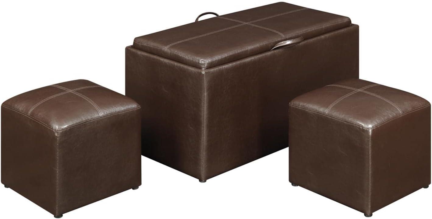 Espresso Faux Leather Footstool Bench with Built-In Tray and Side Ottomans